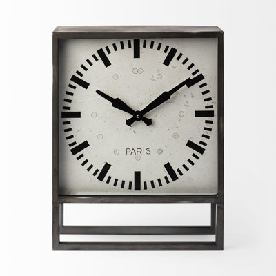 Square Grey Metal Desk Table Clock With Simple White And Black Clock Face