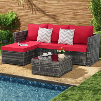 Ensemble de meubles de patio 2 pièces, ensemble modulaire extérieur en forme de L tissé, ensemble de conversation en osier avec repose-pieds, table de détente amovible pour le bord de la piscine