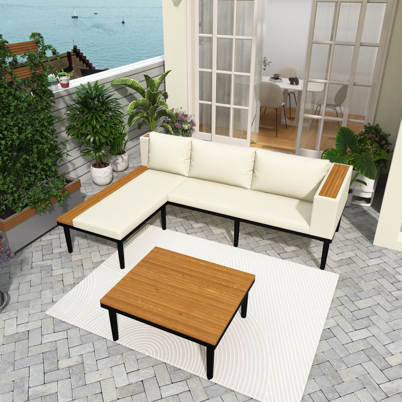 Ensemble de mobilier d'extérieur en L en bois d'acacia avec coussins amovibles, table basse et table d'appoint, canapé de conversation, beige
