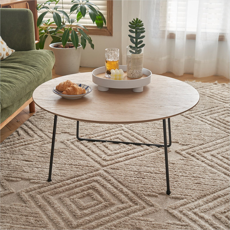 Table basse ronde avec tablette ouverte en bois d'acacia et en acier noir, style minimaliste moderne