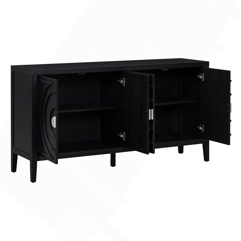 Sideboard Retro Door With Circular Groove Design Round Metal Door Handle For Entrance, Dining Room, Living Room, Black