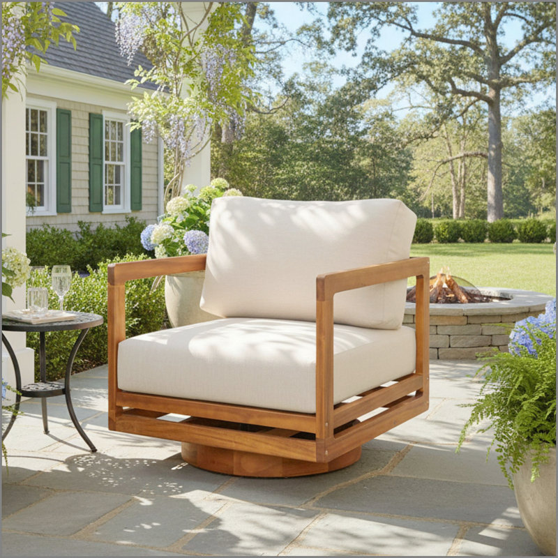 Méridienne d'extérieur pivotante, finition teck avec coussin beige