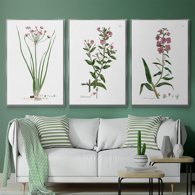 Rose Botanical I, ensemble de 3 toiles encadrées sur toile, Argent, H 40 po x l 78 po