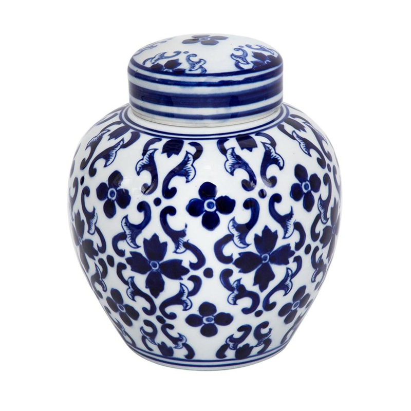 Pot décoratif 7,5 po en porcelaine bleue et blanche, vase à couvercle décoratif avec motifs floraux pour manteau de cheminée, dessus de table, fleurs ou centre de table 