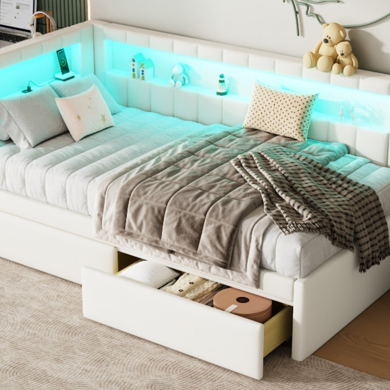 Lit plateforme tapissier pleine grandeur avec ports USB et éclairage à DEL, lit gigogne simple pour un espace de couchage supplémentaire, rose
