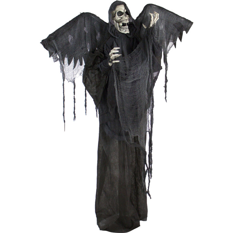 Haunted Hill Farm 63 In. Life-Size Skeleton Reaper with Wings, Poseable Halloween Animatronic with Touch Activated Lights and Sound