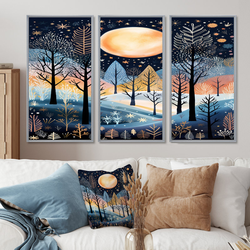 Pleine lune sur les bois d'hiver de Noël - ensemble d'art mural forêt, Encadrement argenté, H 28 po x l 36 po x P 1 po