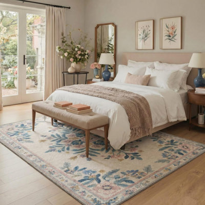 Tapis bleu doux et floral symétrique 5 pi x 7 pi pour chambre et meuble-lavabo