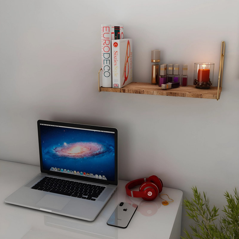 Tablette murale en bois massif avec supports en métal, 17,7 po x 6,3 po x 6,3 po | 100% bois massif durable, peut supporter jusqu'à 6,6 lb | Design industriel moderne en or et brun | Parfait pour la maison, le bureau ou la galerie