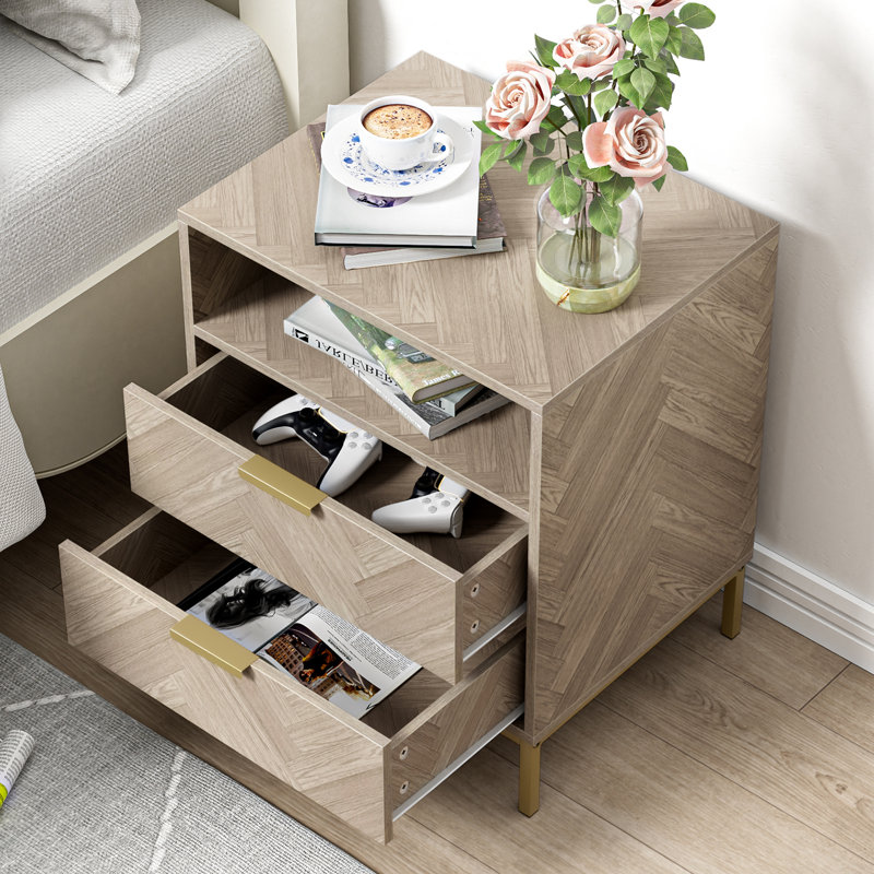 Modern Nightstand for Bedroom, 2 Drawer Nightstand Square Bedside Table End Table with Storage for Bedroom (Set of 2), Oak