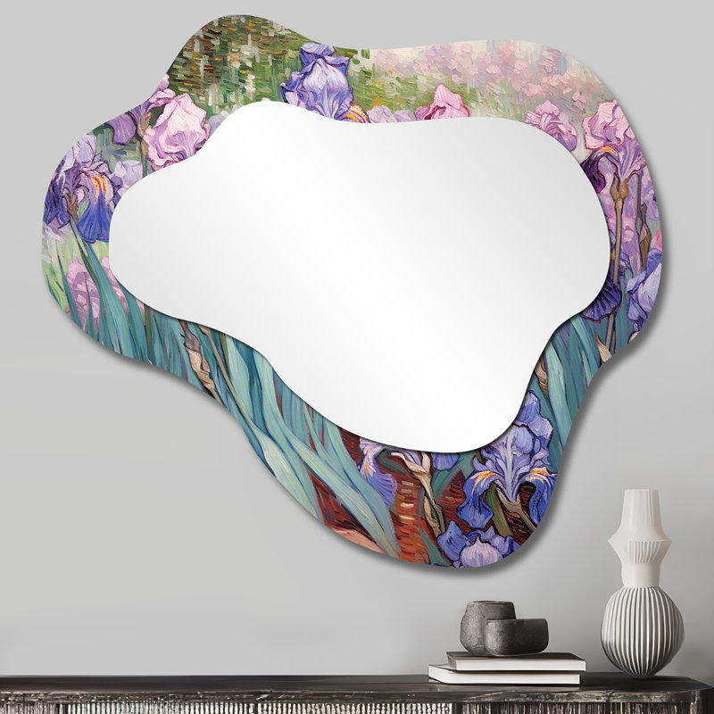 Emrik Garden Of Blossoming Purple Iris - Irises Asymmetrical Decorative Wall Mirror, Traditional Cloud Mirror, Printed Metal Art
