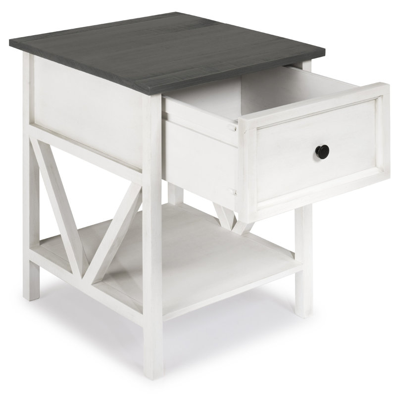 Solid Wood End Table with Storage, Gray, White Wash