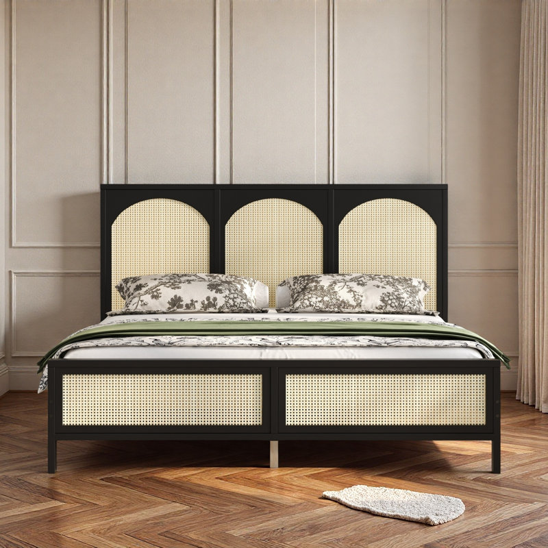 Lit plateforme en bois avec tête de lit en rotin, Noir, Très grand lit