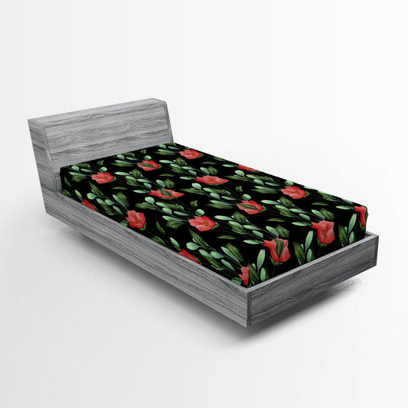 Drap-housse Ambesonne, Corail foncé / motif floral vert fougère 3, Drap-housse de taille simple