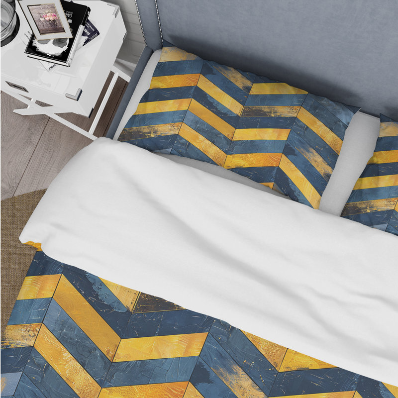 Ensemble de housse de couette Mid-Century Glamour Chevron Blue Gold Glamour, Housse de couette très grand + 2 taies décorativ