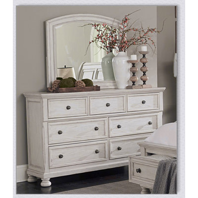 Commode 7 tiroirs à finition blanche antique avec tiroir caché, design traditionnel pour meubles de chambre à coucher classiques