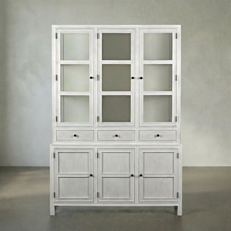 Colonial Solid Wood China Cabinet, White Wash