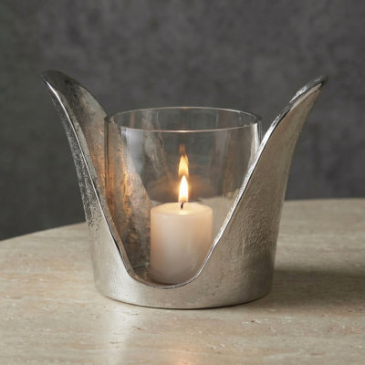 Handmade Aluminum Silver Tealight Candle Holder with Glass Hurricane