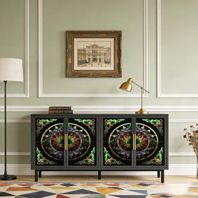 Decorative Cabinet 4 Doors Painted Glass Metal Frame Storage Cabinet