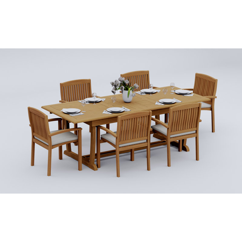 10 Seats 11 Pcs Grade-A Teak Wood Dining Set: 94" Double Extension Mas Rectangle Trestle Leg  Table And 10 Wave Stacking Arm Chairs #11WV2110