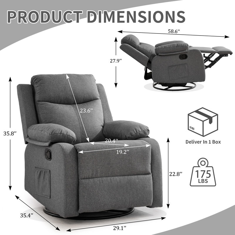  Recliner Chair, 360° Swivel Rocker Recliners For Living Room, Small Recliner For Small Spaces, Fabric Manual Recliners With Side Pockects