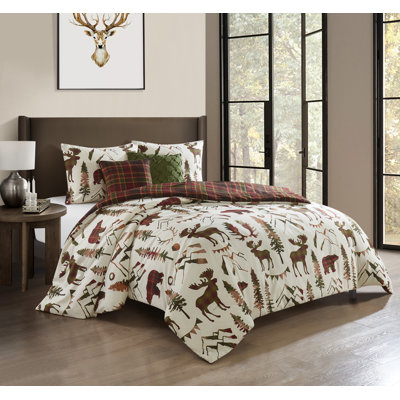 Beige/Green/Red Microfiber Reversible 5 Piece Comforter Set