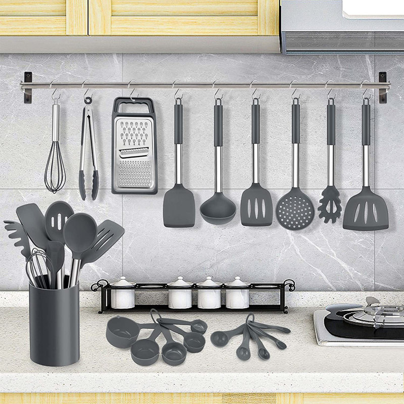 Ensemble de 27 ustensiles de cuisine en silicone, acier inoxydable, résistant à la chaleur antiadhésif, gris