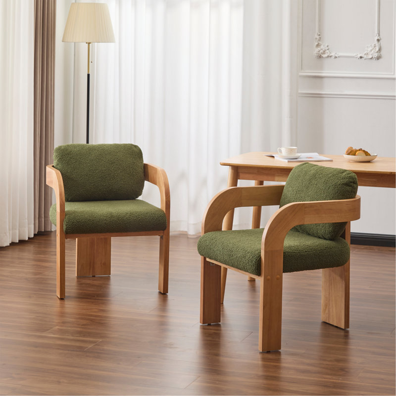 Ensemble de 2 chaises de salle à manger avec dossier coussiné, tissu bouclé, structure en bois massif de couleur naturelle