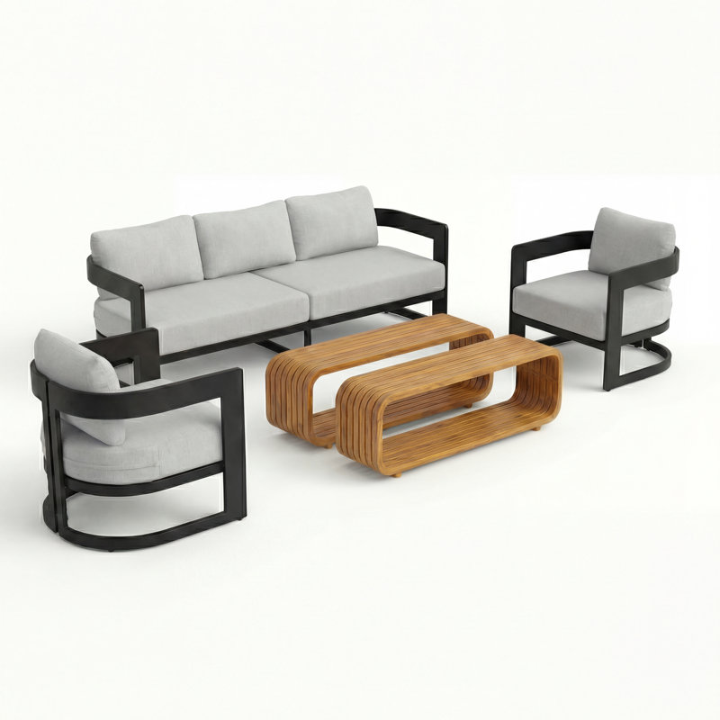 Ensemble de conversation extérieure côtière moderne pour 5 personnes avec tables basses en bois d'acacia et cadre en aluminium Hoerner