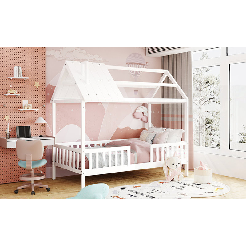 Lit simple en bois avec clôture, Blanc