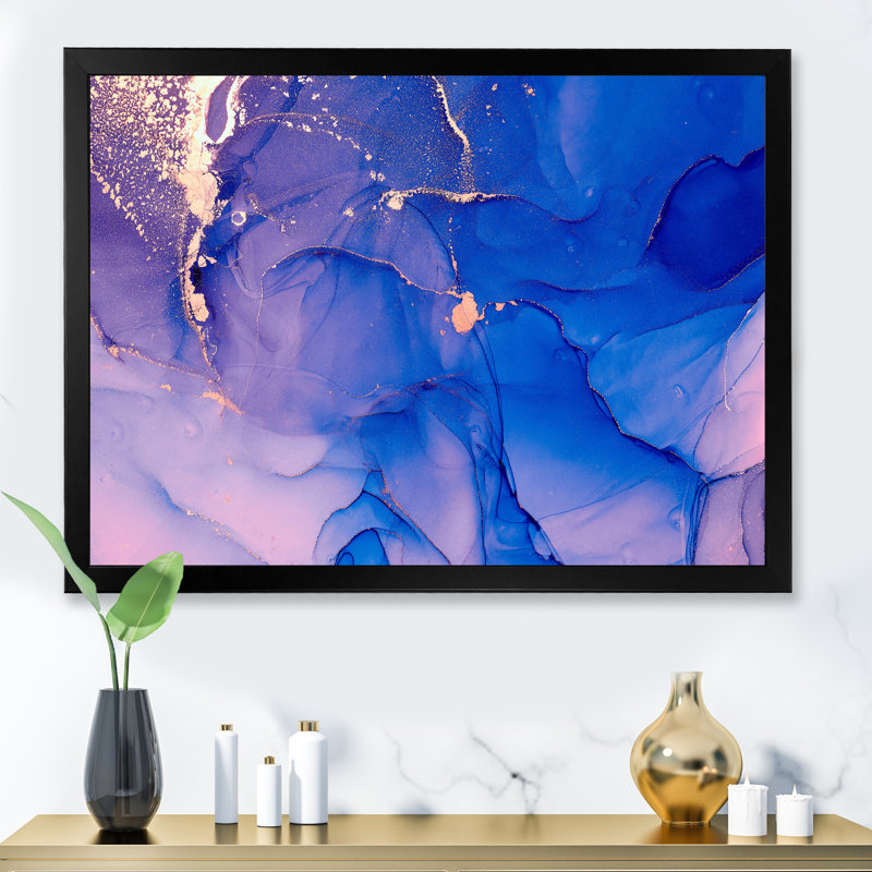 «Blue and Pink Marble Ink Clouds IV», peinture sur toile, H 16 po x l 32 po x P 1 po, Cadre photo noir