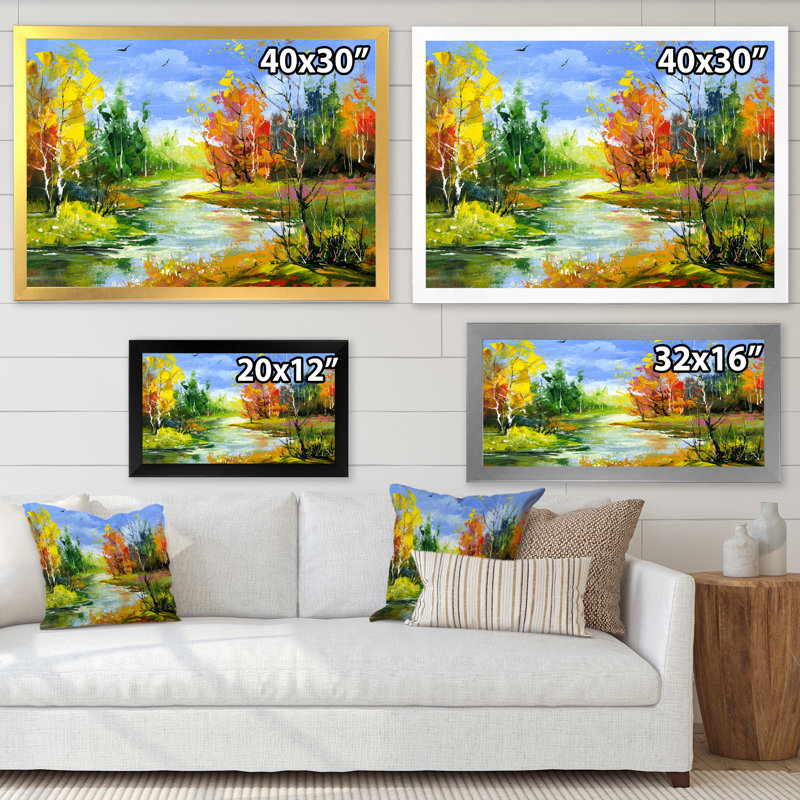 Paysage d'automne avec rivière sous un ciel bleu - peinture sur toile, H 16 po x l 32 po x P 1 po, Cadre doré à coins fermés