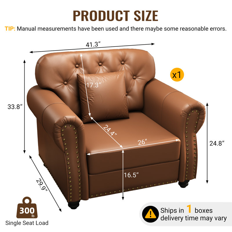 41.3" Upholstered Faux Leather Accent Chair Mid-Century Modern Chesterfield Armchair With 1 Pillow, Brown
