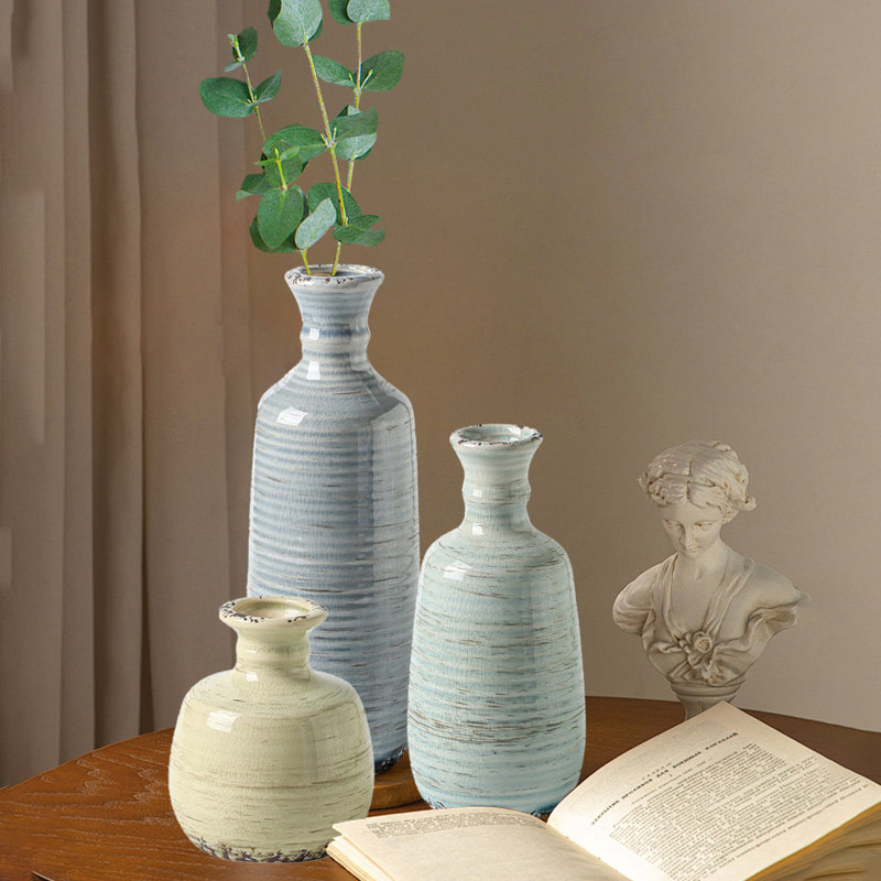 Ensemble de 3 vases en céramique, Bleu, vert et beige