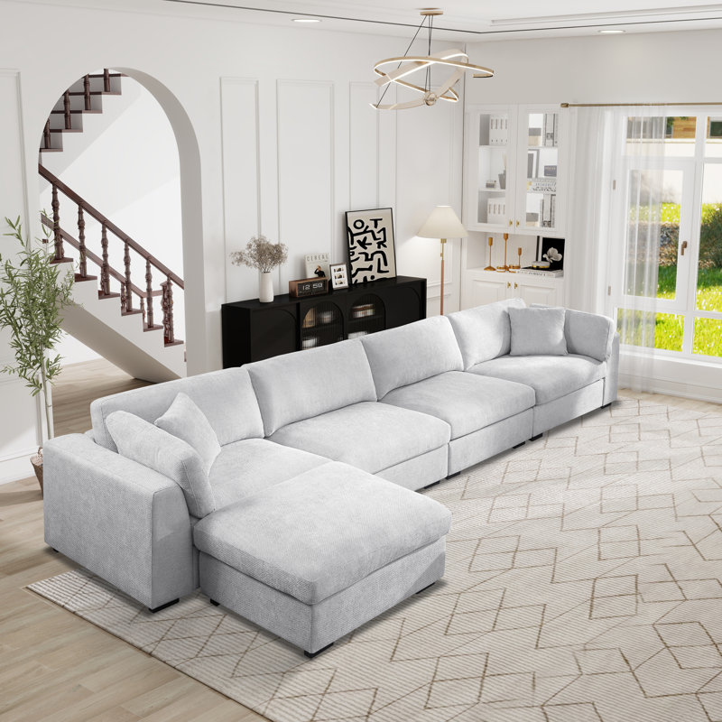 Oversized Modular Silod Wood Sectional With Ottoman, Light Gray Polyester Blend