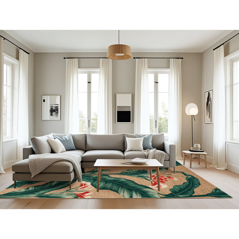 Machine Washable Botanical Beige Area Rug, Rectangle 8' x 12'