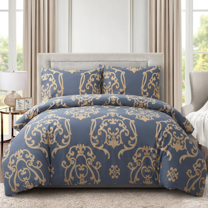 Full Navy Blue and Gold Damask Rayon Duvet Cover Set