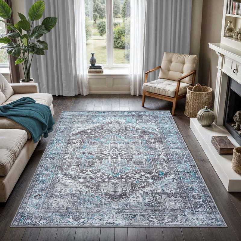 GLN Rugs Vintage Collection - Machine Washable Area Rug, Vintage Washable Rug, Non Slip Area Rug, Low Pile Living Room Rug, Bedroom Rug, Bathroom Rug - Easy Clean (Blue and Gray Area Rug)