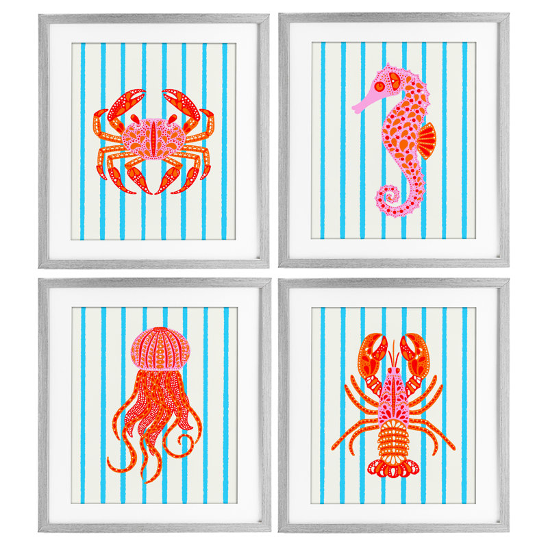 «Bright Sea Creatures on Stripes», ensemble de 4 reproductions encadrées sous verre, design par Indira Prieto | IndySign
