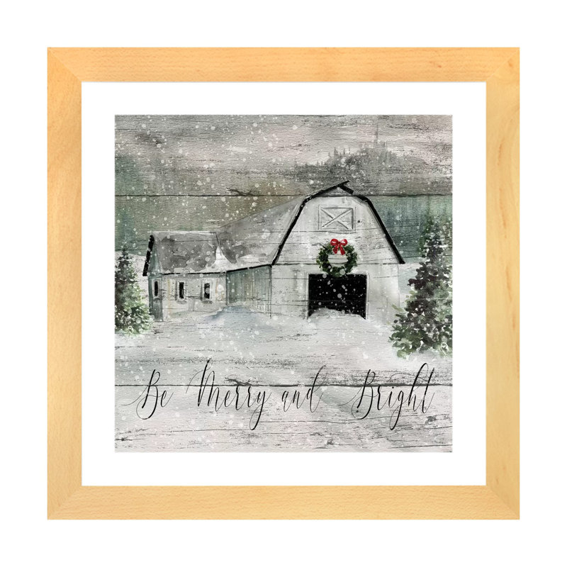 «Merry and Bright Barn» par Carol Robinson - reproduction imprimée, Toile avec cadre en bois beige, Blanc