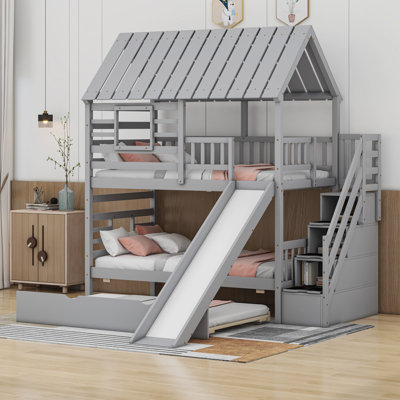 Twin over Twin House Bunk Bed with Trundle and Slide, Storage Staircase, Roof and Window Design -  Cosmic, COS80009319AAE