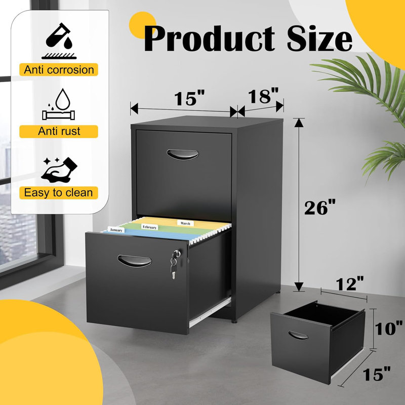 Black 26'' Vertical Metal 2 Drawer Lockable File Cabinet