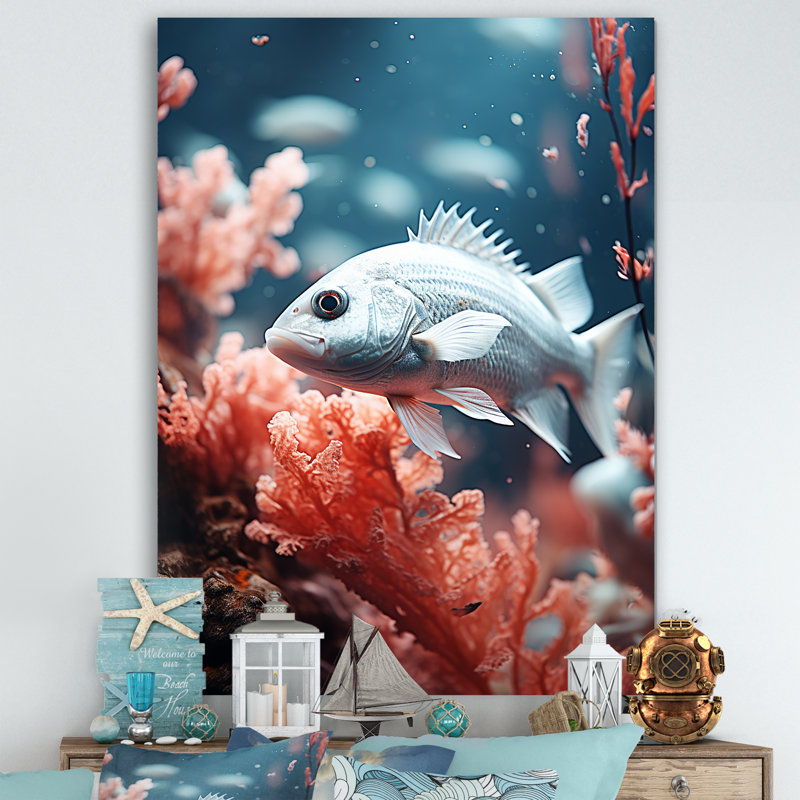 Danse de poissons monochrome bleue et grise, H 32 po x l 24 po x P 1 po, Toile tendue