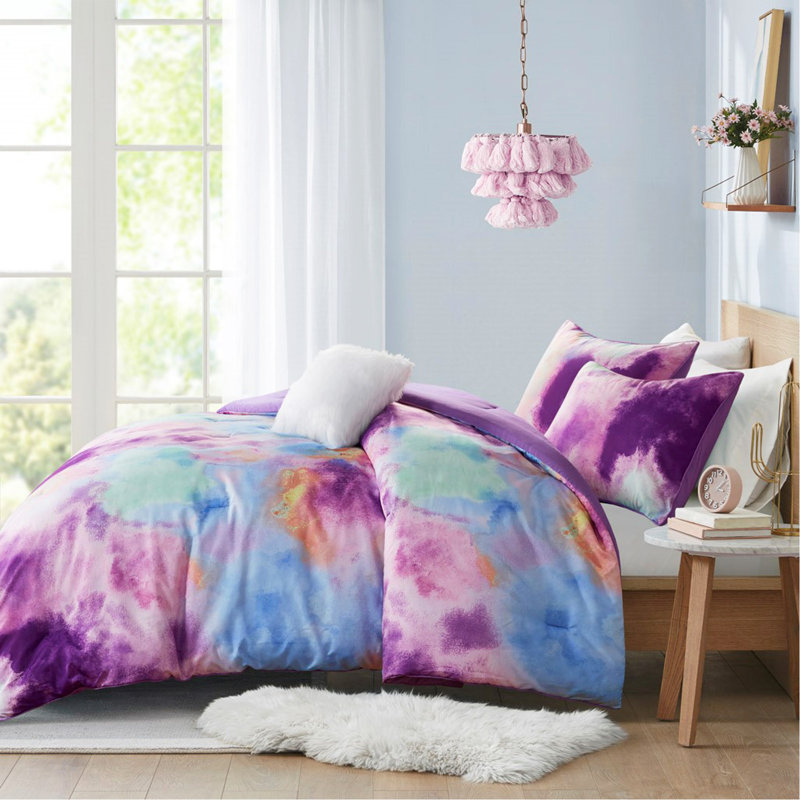 Ensemble d'édredon à imprimé teinture sur nœuds double / grand avec coussin décoratif, Multicolor Ombre