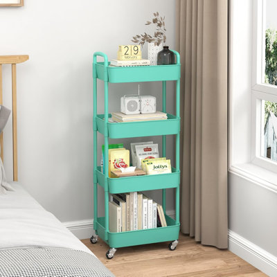 4-Tier Plastic Rolling Utility Cart with Handle, Multi-Functional Storage Trolley, Living Room, Kitchen, Movable Storage Organizer with Wheels