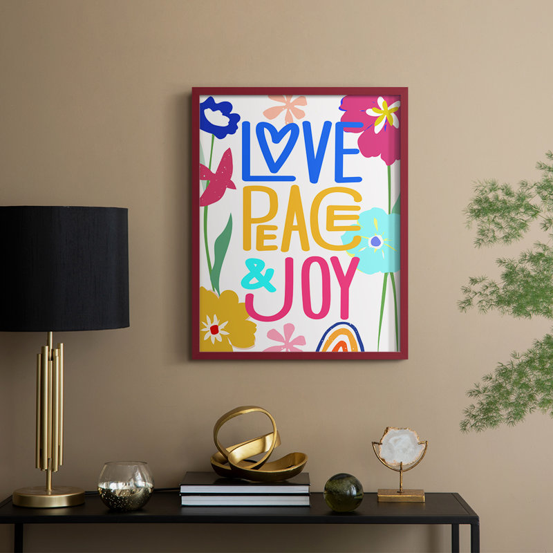 Pop Love Peace Joy, reproduction encadrée - bois massif, H 15 po x l 12 po, Rouge
