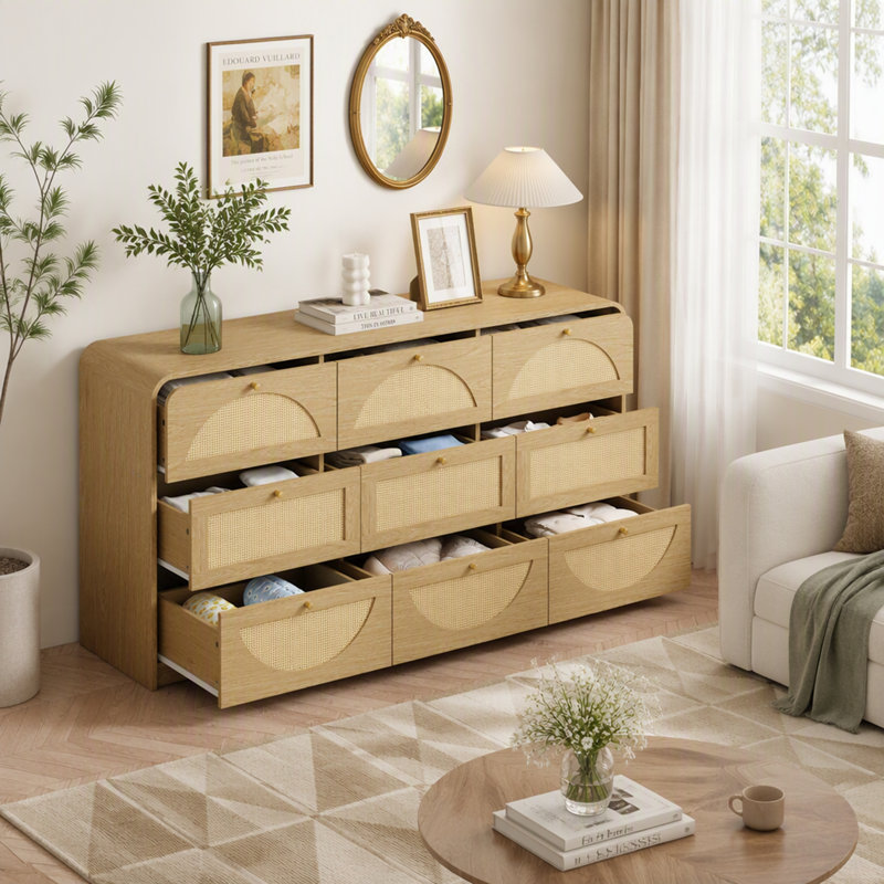 Commode à 9 tiroirs avec façade en rotin, grande commode en panneaux de particules pour un rangement moderne dans la chambre, le salon et l'entrée.