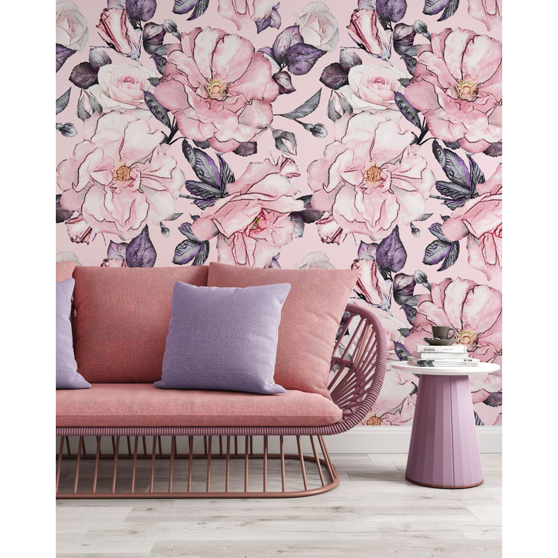 Papier peint amovible à motif de fleur rose, L 9 po x l 15 po