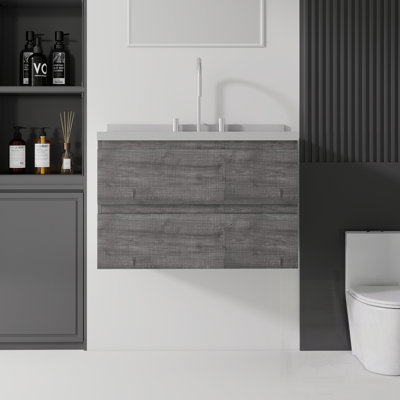 Meuble-lavabo flottant avec lavabo, tiroir à fermeture en douceur, comptoir et dosseret en marbre de granite blanc de 2 po