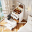Meuble-lavabo 3 en 1 avec miroir ouvert et bureau en verre, meuble-lavabo compact avec 3 tiroirs et tabouret pour la chambre à coucher